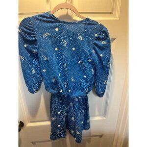 Vintage 90s Blue Soft Geometric Mini Dress with Elastic Waist, 3/4 Sleeves, Roun